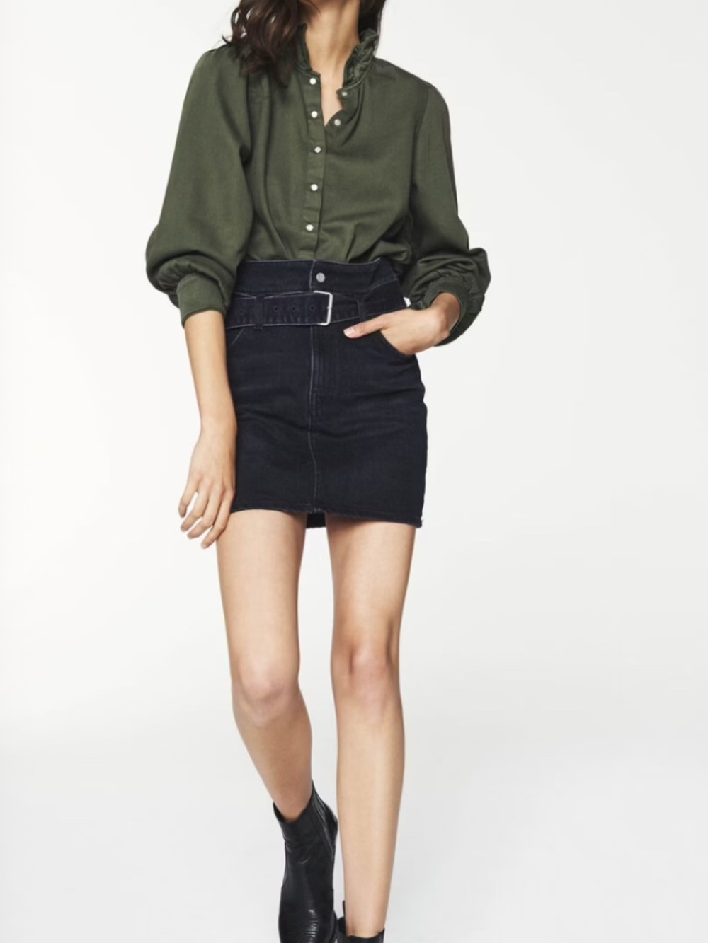 ba&sh Axelle olive Ruffle-Neck button front shirt - Picture 6 of 15